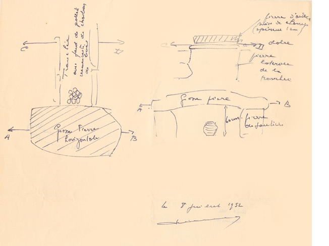 Plan et coupes schématiques du dolmen de Laviô, dressé le 8 juillet 1952 au cours d’une fouille de sauvetage..